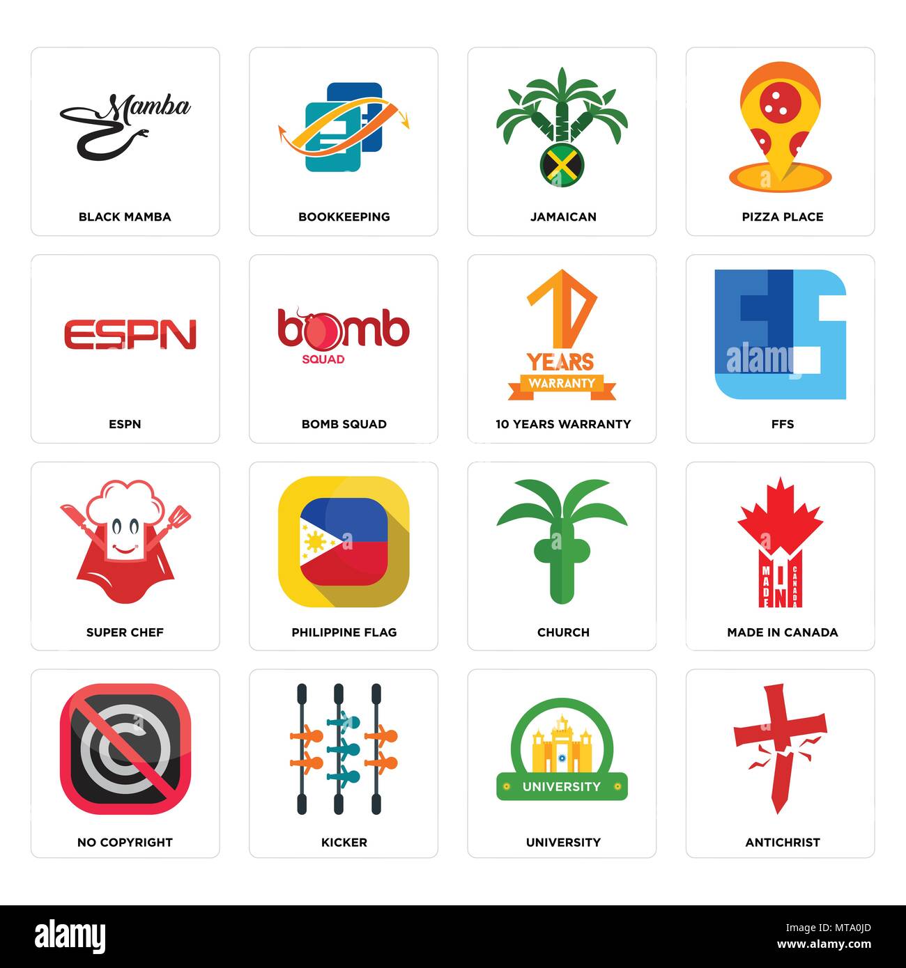 Set Of 16 simple editable icons such as antichrist, university, kicker, no  copyright, made in canada, black mamba, espn, super chef, 10 years warranty  Stock Vector Image & Art - Alamy