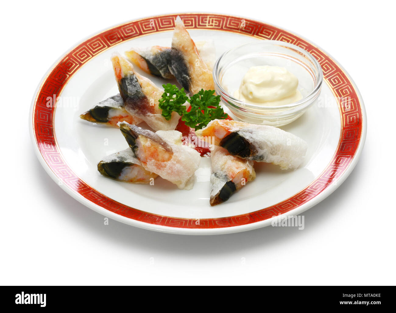 wafer prawn rolls with century egg, chinese dim sum Stock Photo