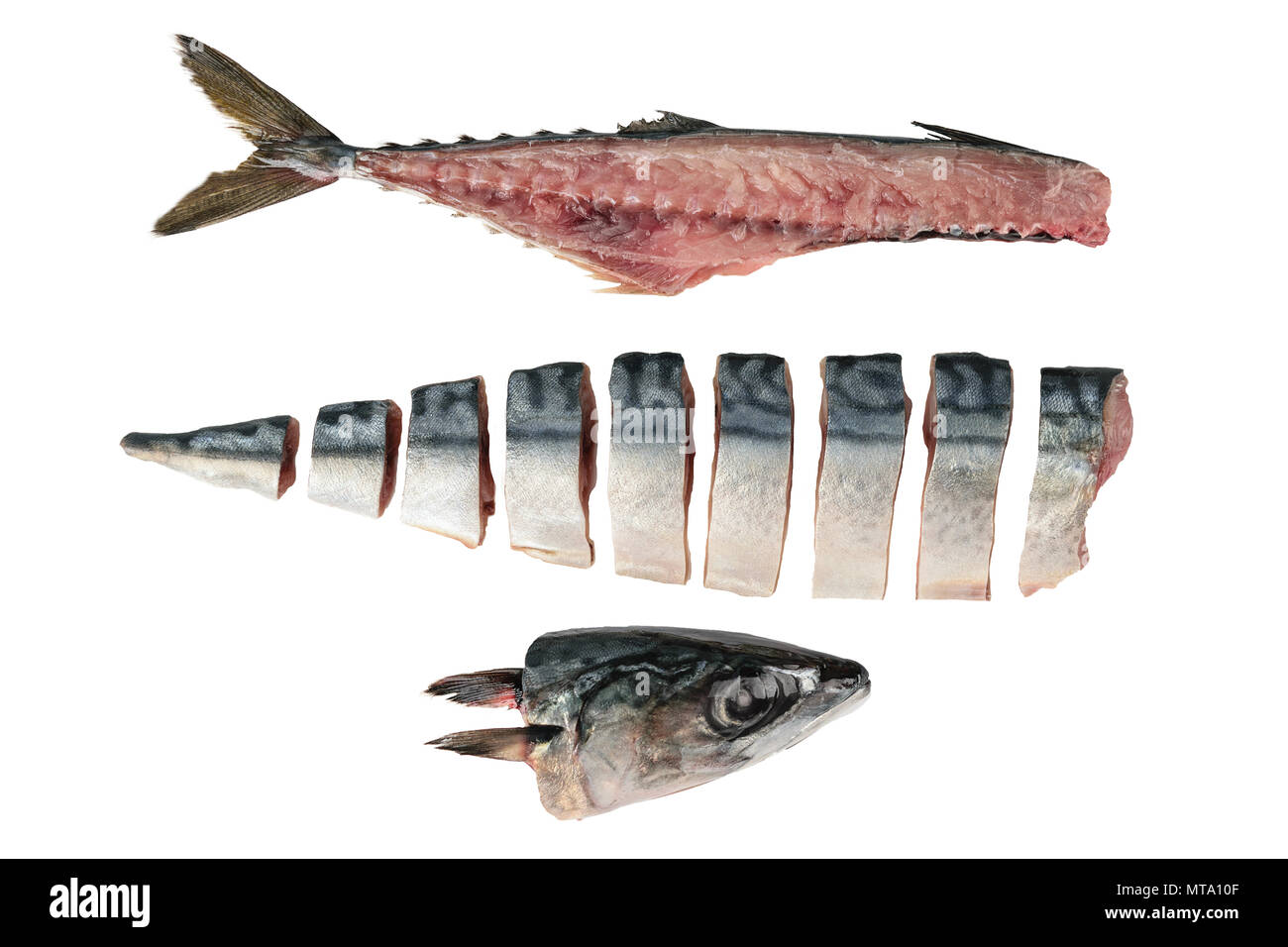 Fresh fish, raw cod fillets isolate background, Fish head, fish bone