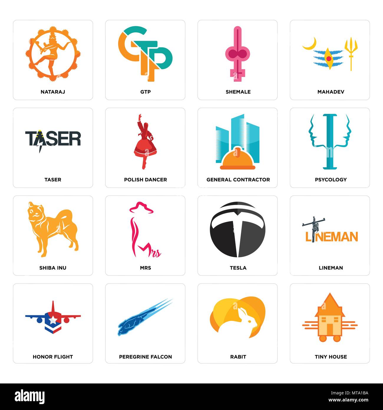 Set Of 16 simple editable icons such as tiny house, rabit, peregrine falcon, honor flight, lineman, nataraj, taser, shiba inu, general contractor can  Stock Vector