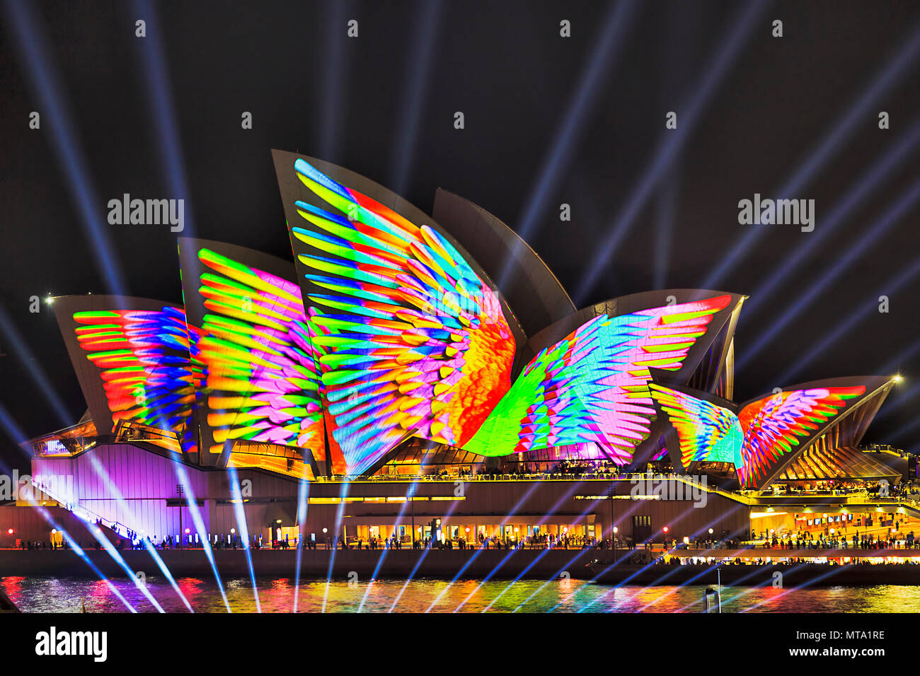 Sydney, Australia - 25 May, 2018: Sydney city landmark of Sydney Opera House at harbour waterfront during annual light show of music, light and ideas  Stock Photo