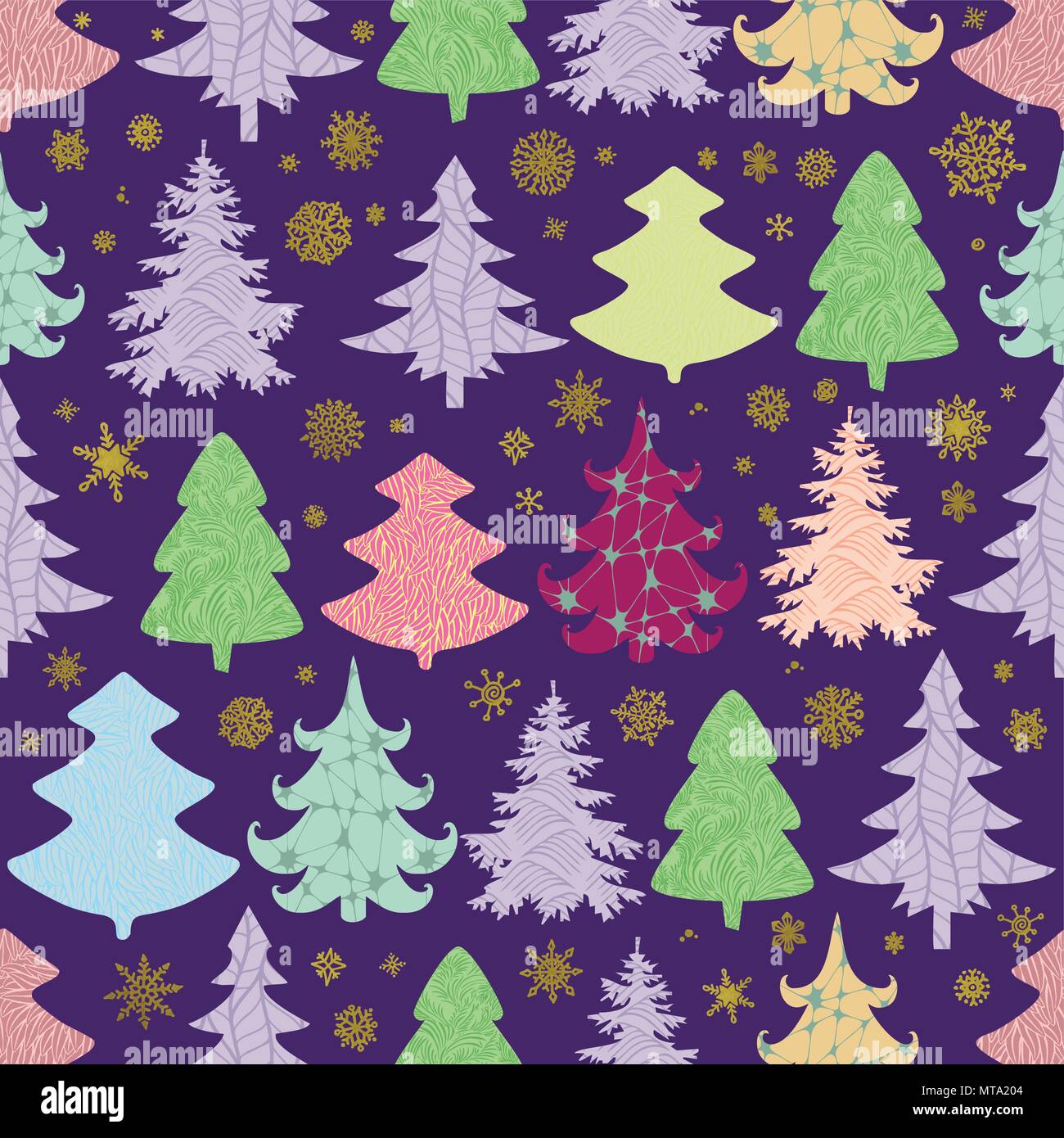 Seamless Christmas vector pattern with colorful fir-trees and snowflakes Stock Vector
