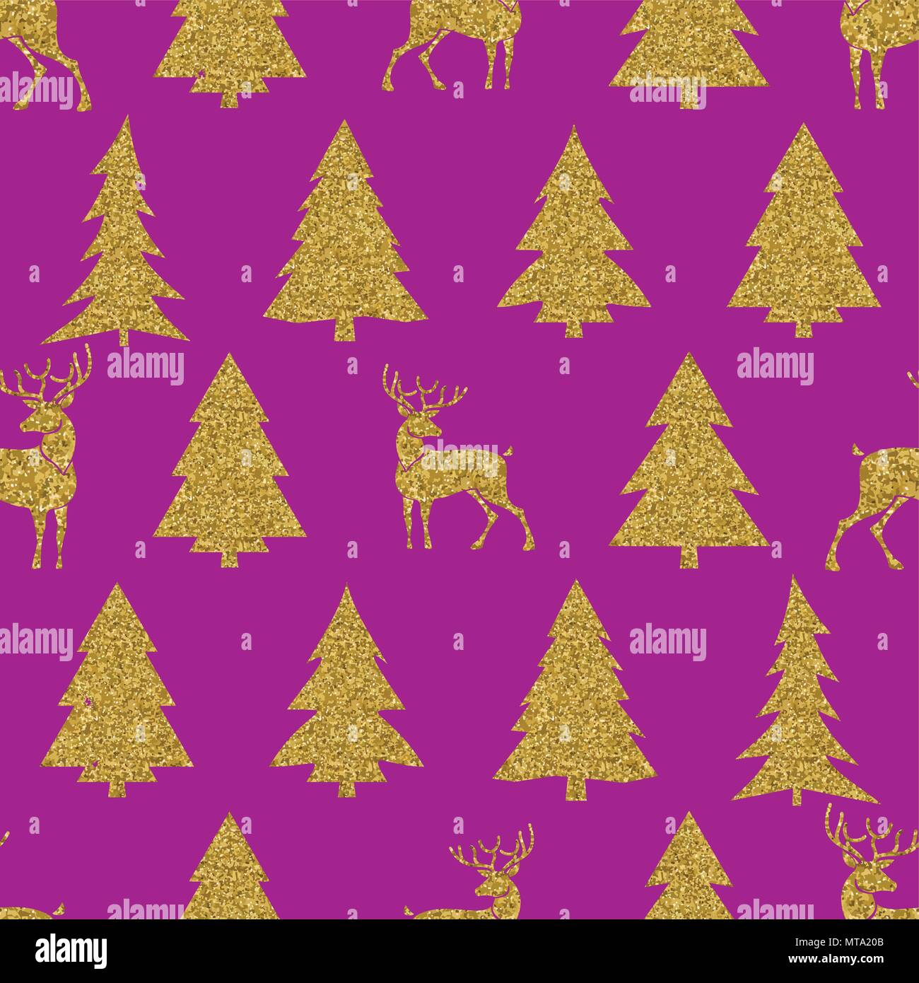 Seamless Christmas vector pattern with golden fir-trees and deers Stock ...