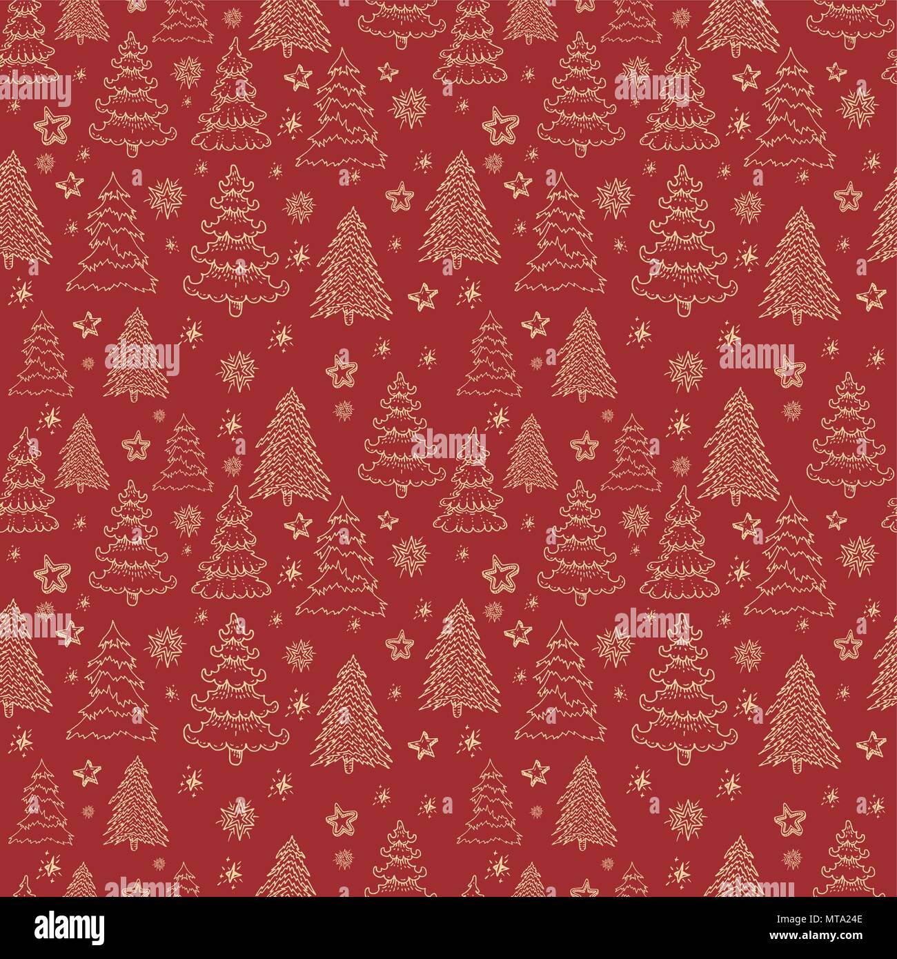 Christmas Icons Seamless Pattern with New Year Tree, Snow and Stars Stock Vector