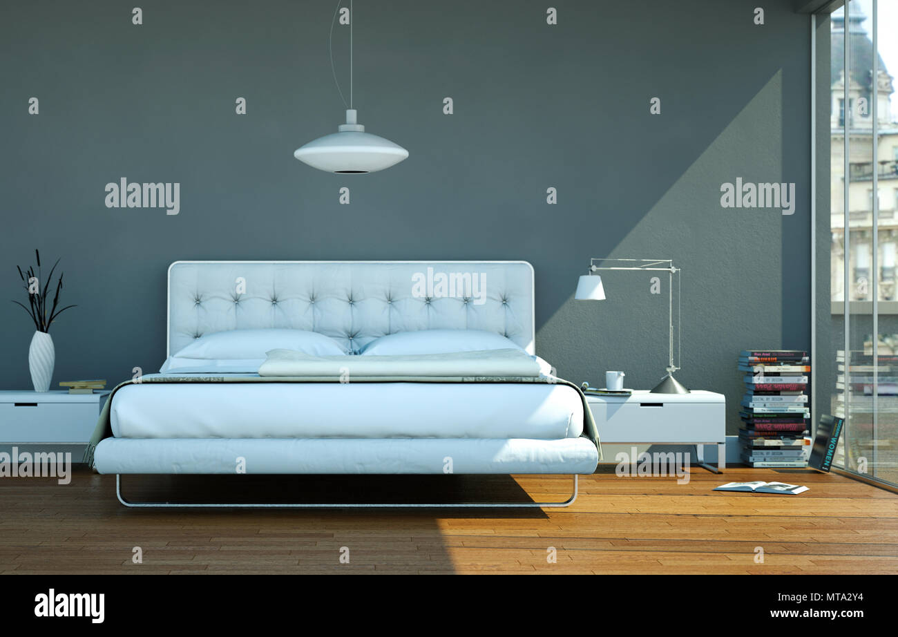 modern bedroom with grey wall and modern decor Stock Photo - Alamy