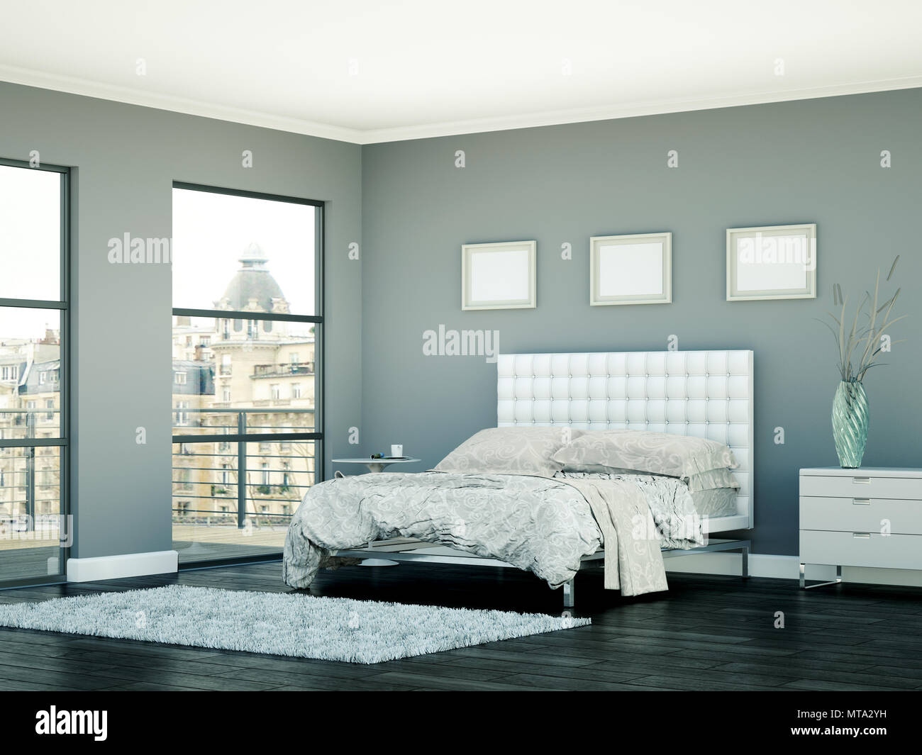 modern bedroom with grey wall and modern decor Stock Photo - Alamy