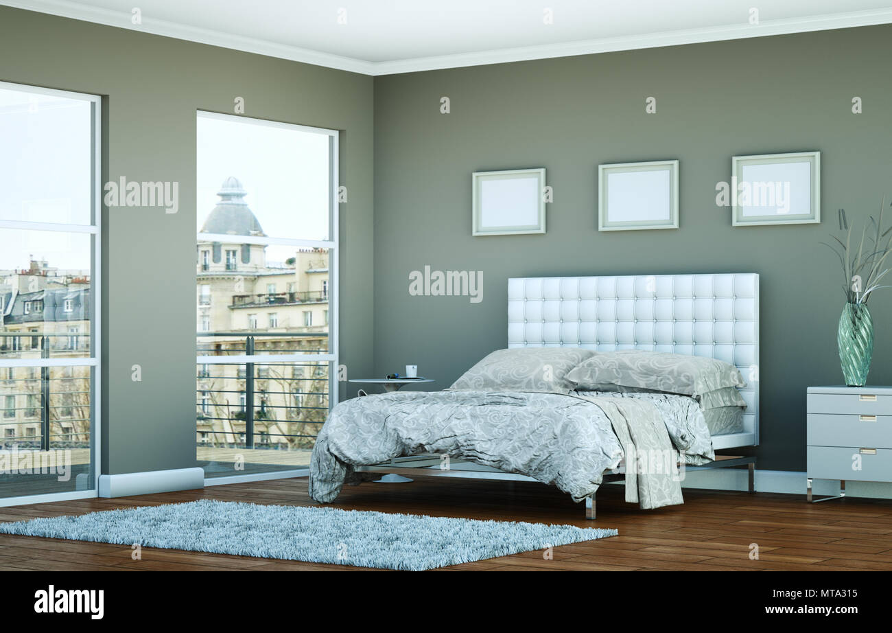 modern bedroom with grey wall and modern decor Stock Photo - Alamy