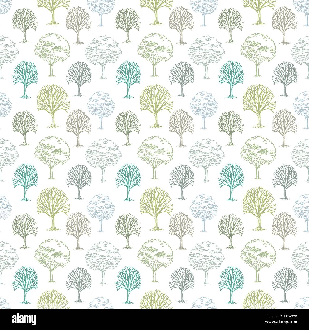 Vector pattern with trees and bushes on white background Stock Vector