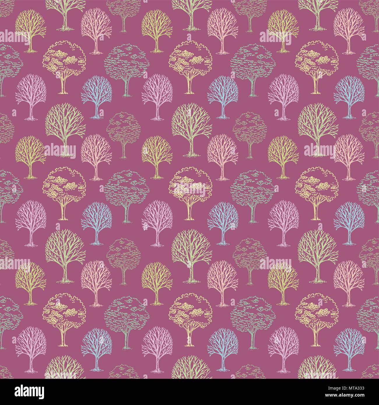 Vector pattern with trees and bushes on pink background Stock Vector ...
