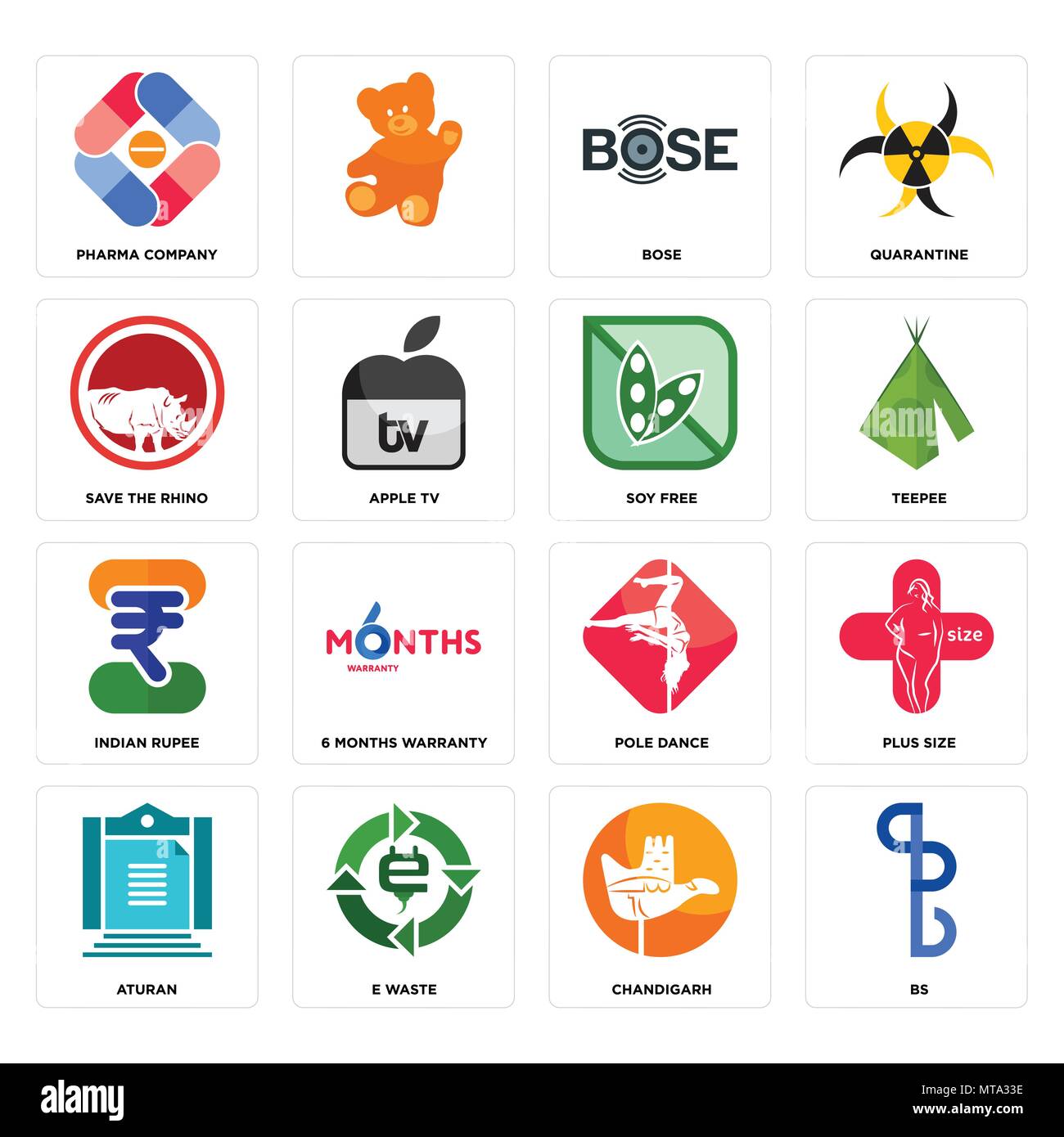 Set Of 16 simple editable icons such as bs, chandigarh, e waste, aturan, plus size, pharma company, save the rhino, indian rupee, soy free can be used Stock Vector