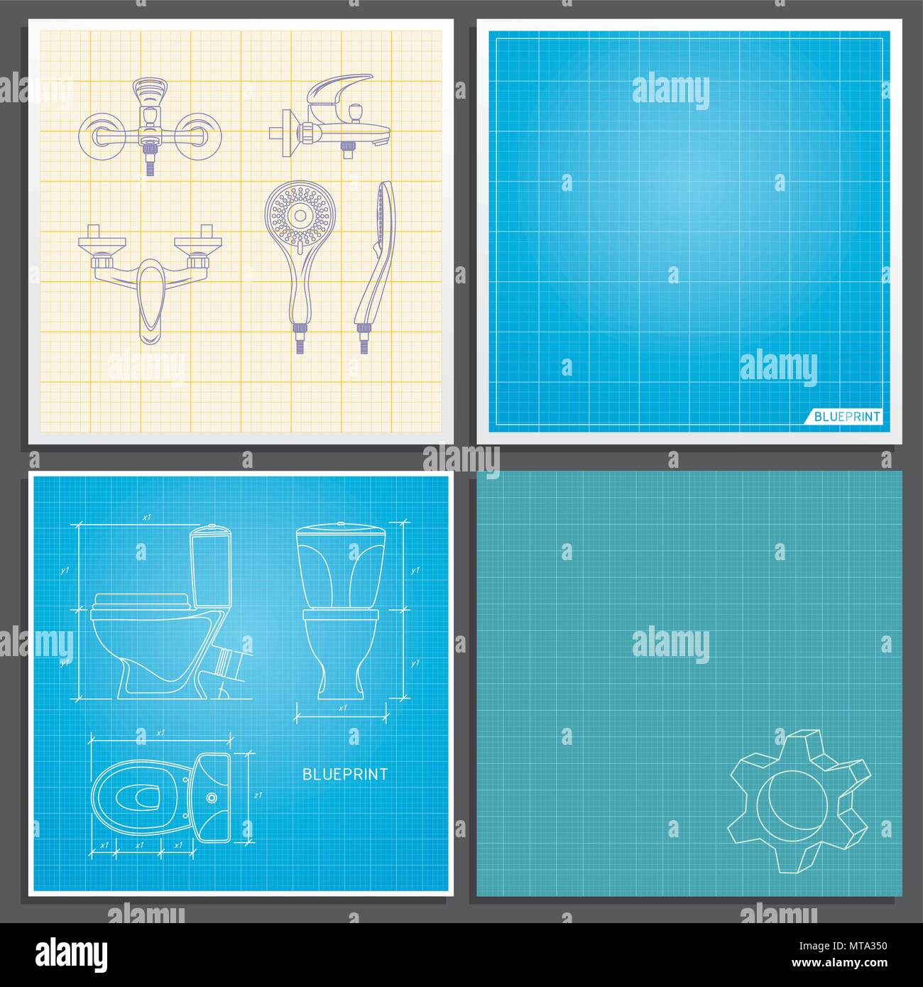 Toilet bowl and faucet outline. Front, side and top view. Vector illustration on blueprint Stock Vector