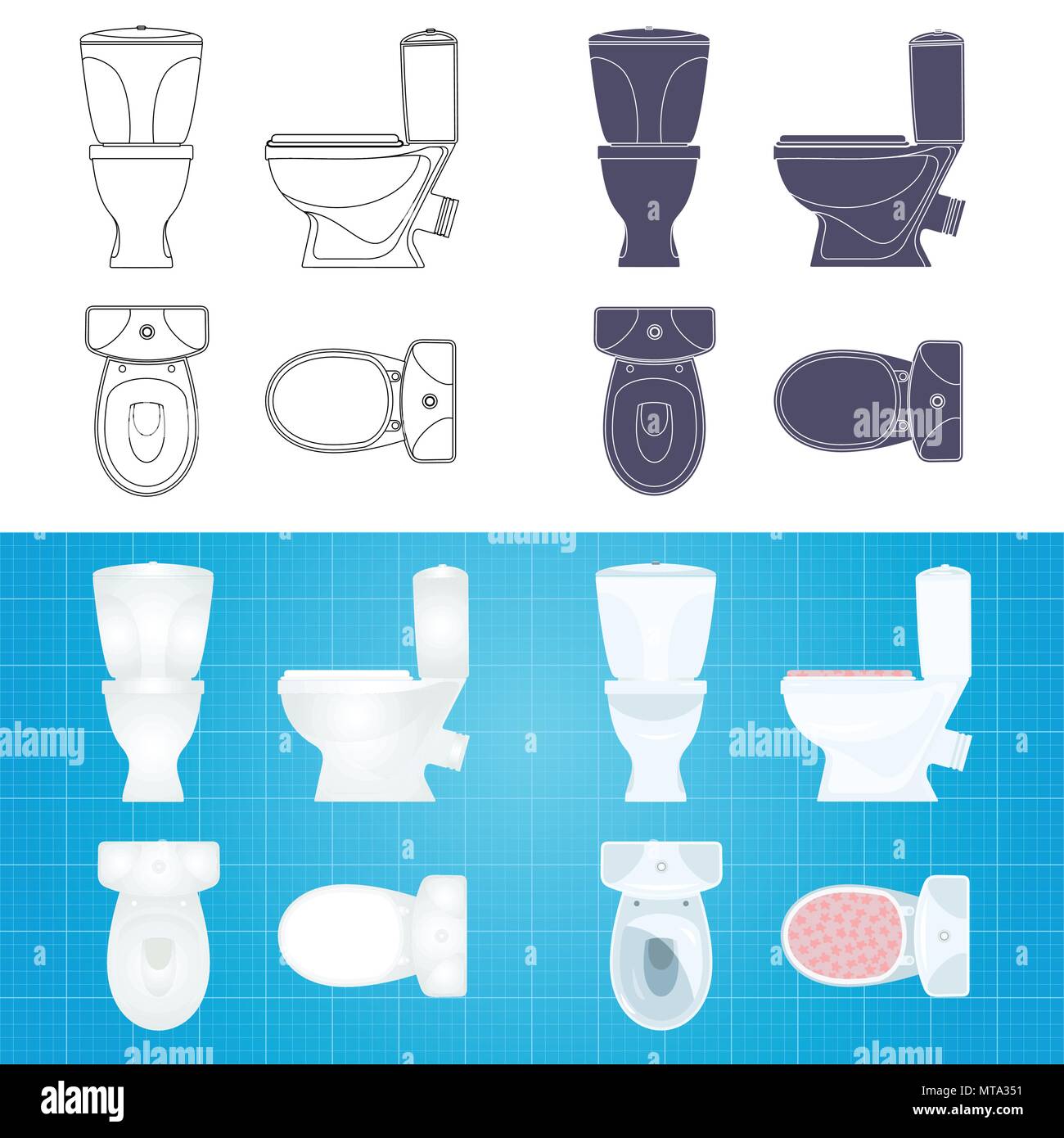 Toilet bowl silhouette. Front, side and top view Stock Vector