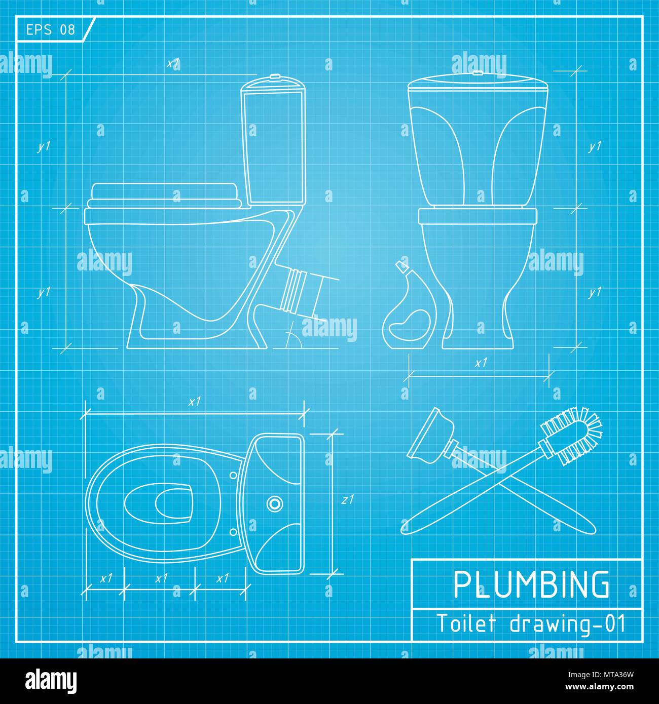 Toilet bowl outline. Front, side and top view. Vector illustration on blueprint background Stock Vector