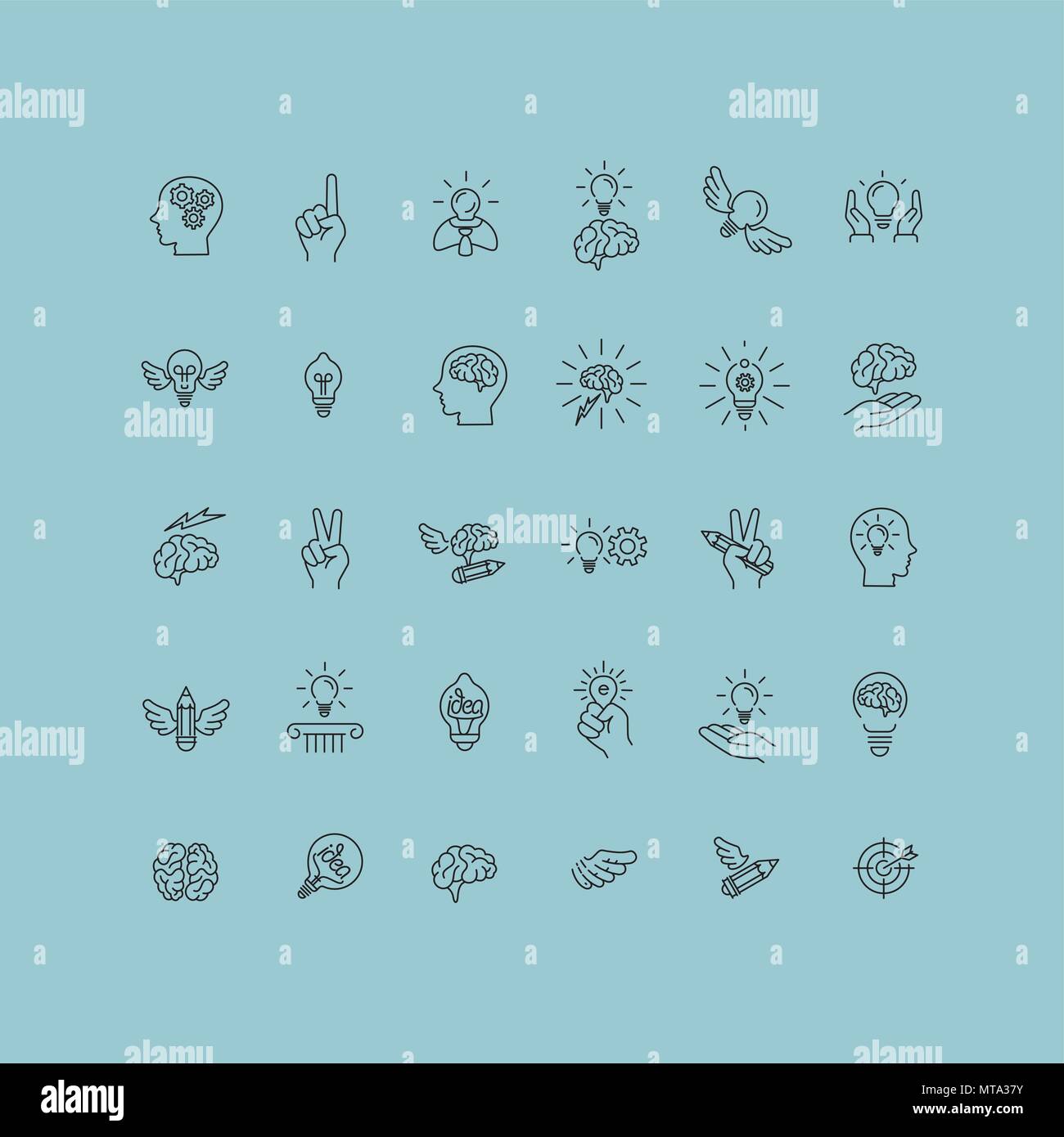 Line icons collection of human brain process, people thinking, emotions, mental health, creative process, business solution, character experience, str Stock Vector