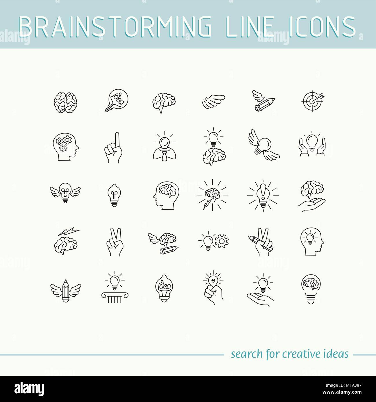 Line icons collection of human brain process, people thinking, emotions, mental health, creative process, business solution, character experience, str Stock Vector