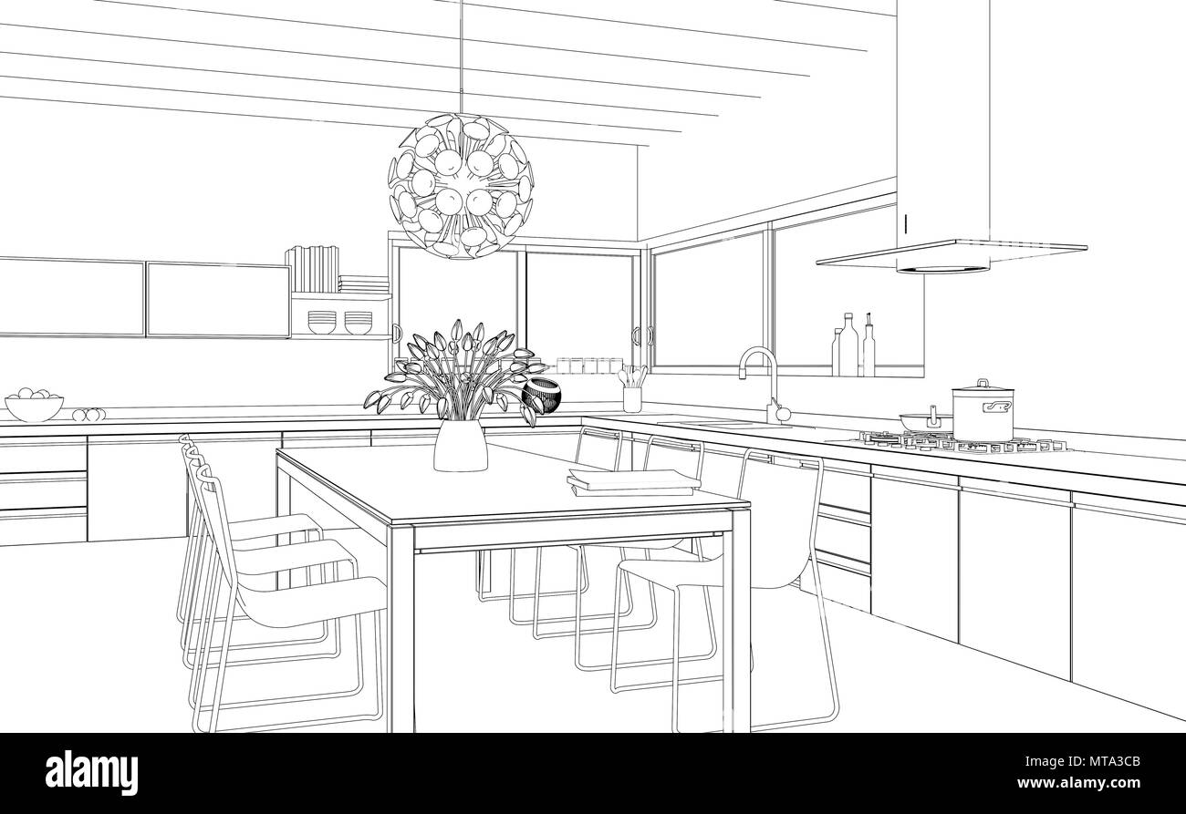 Interior Design modern Kitchen Drawing Plan Stock Photo Alamy