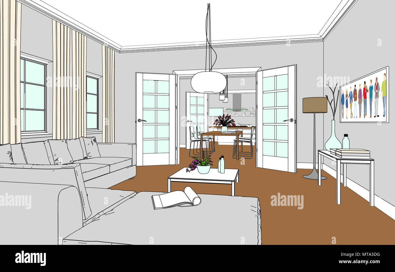 Architectural interior drawing, bedroom sketch Stock Illustration | Adobe  Stock