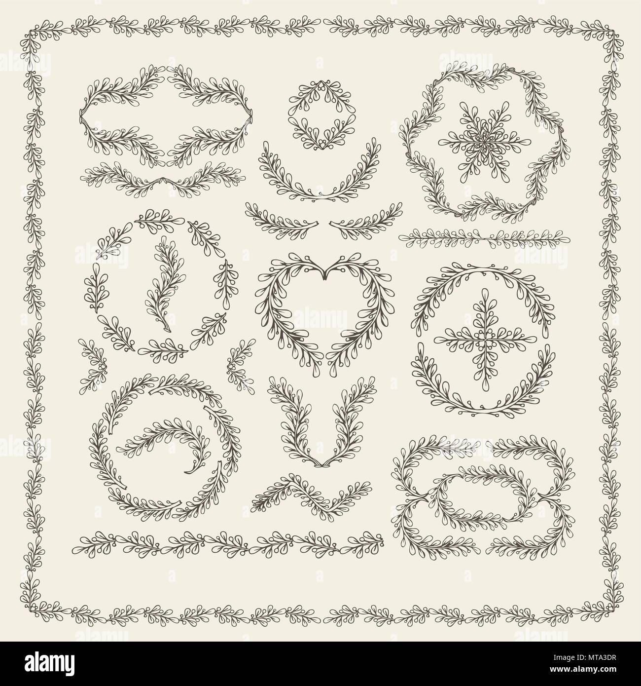 Set of hand drawn vector flowers and branches with leaves. Floral ...