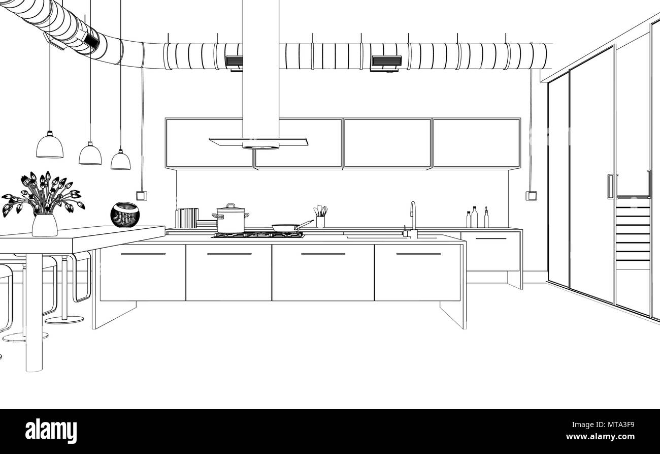 Interior Design modern Kitchen Drawing Plan Stock Photo - Alamy