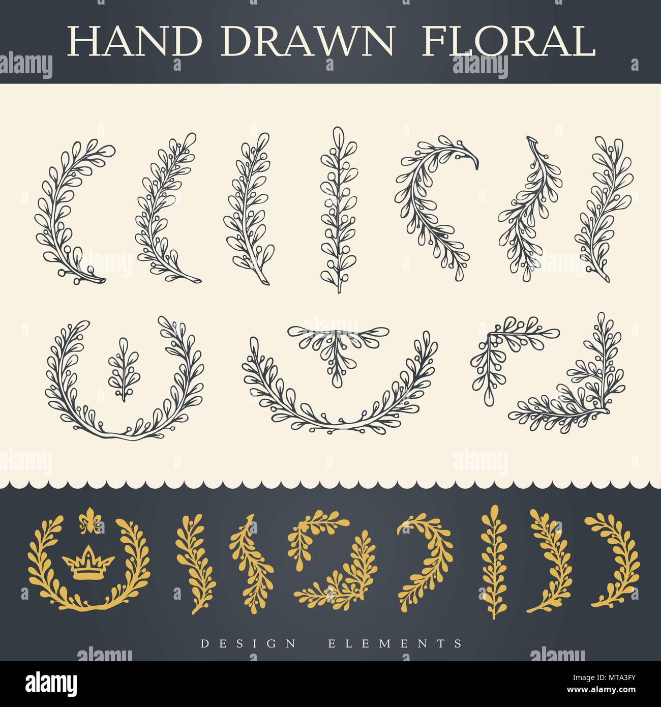 Set of hand drawn vector flowers and branches with leaves. Floral ...