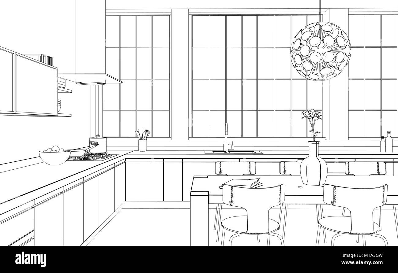 Interior Design Modern Kitchen Drawing Plan Stock Photo