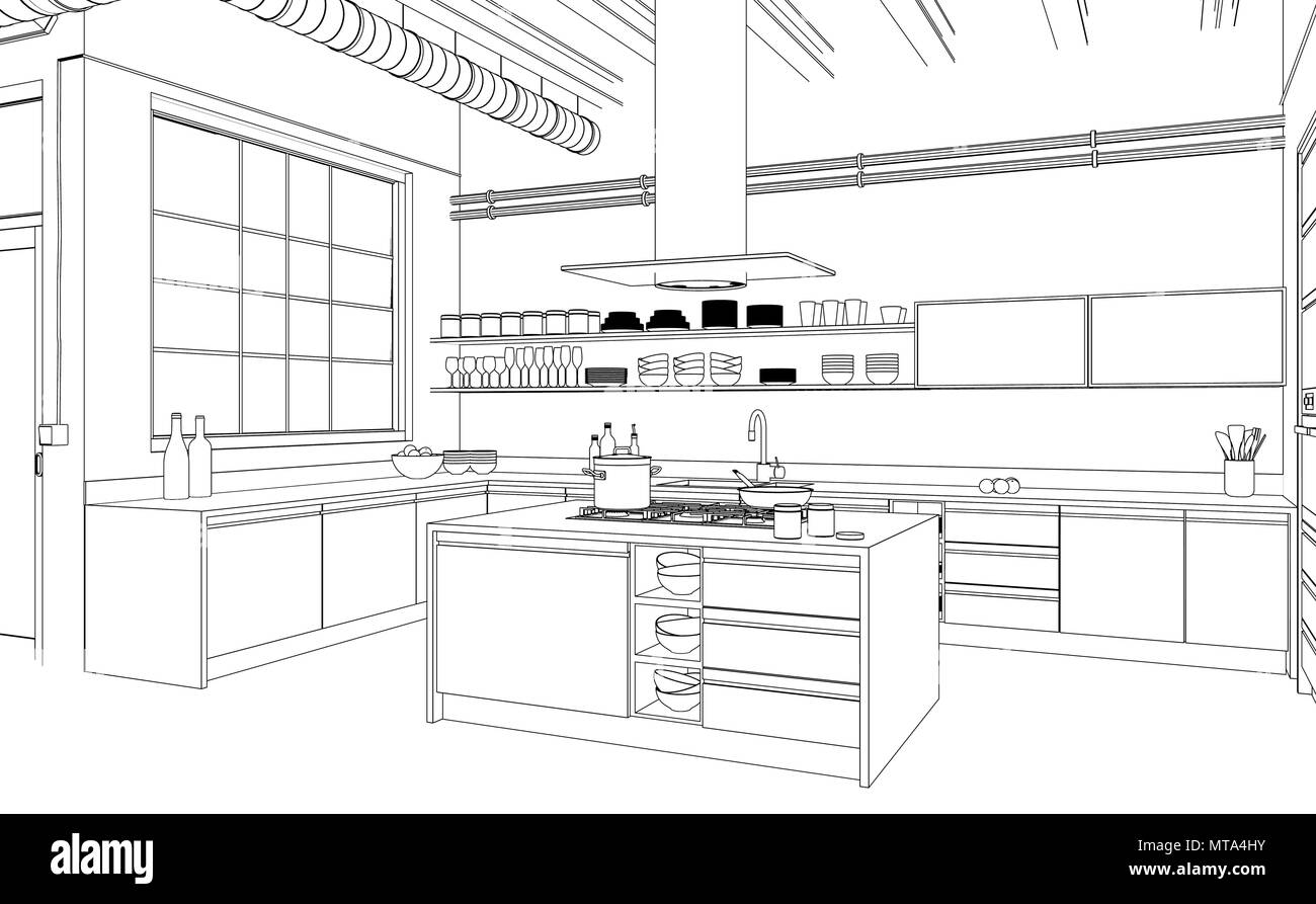 Interior Design modern Kitchen Drawing Plan Stock Photo - Alamy