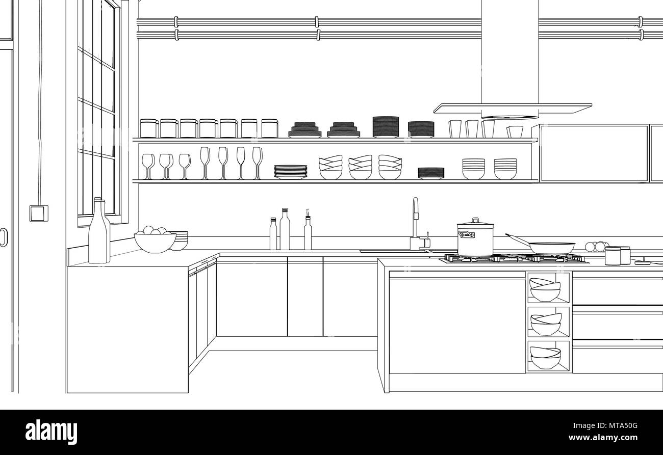 Interior Design Modern Kitchen Drawing Plan Stock Photo Alamy   Interior Design Modern Kitchen Drawing Plan MTA50G 