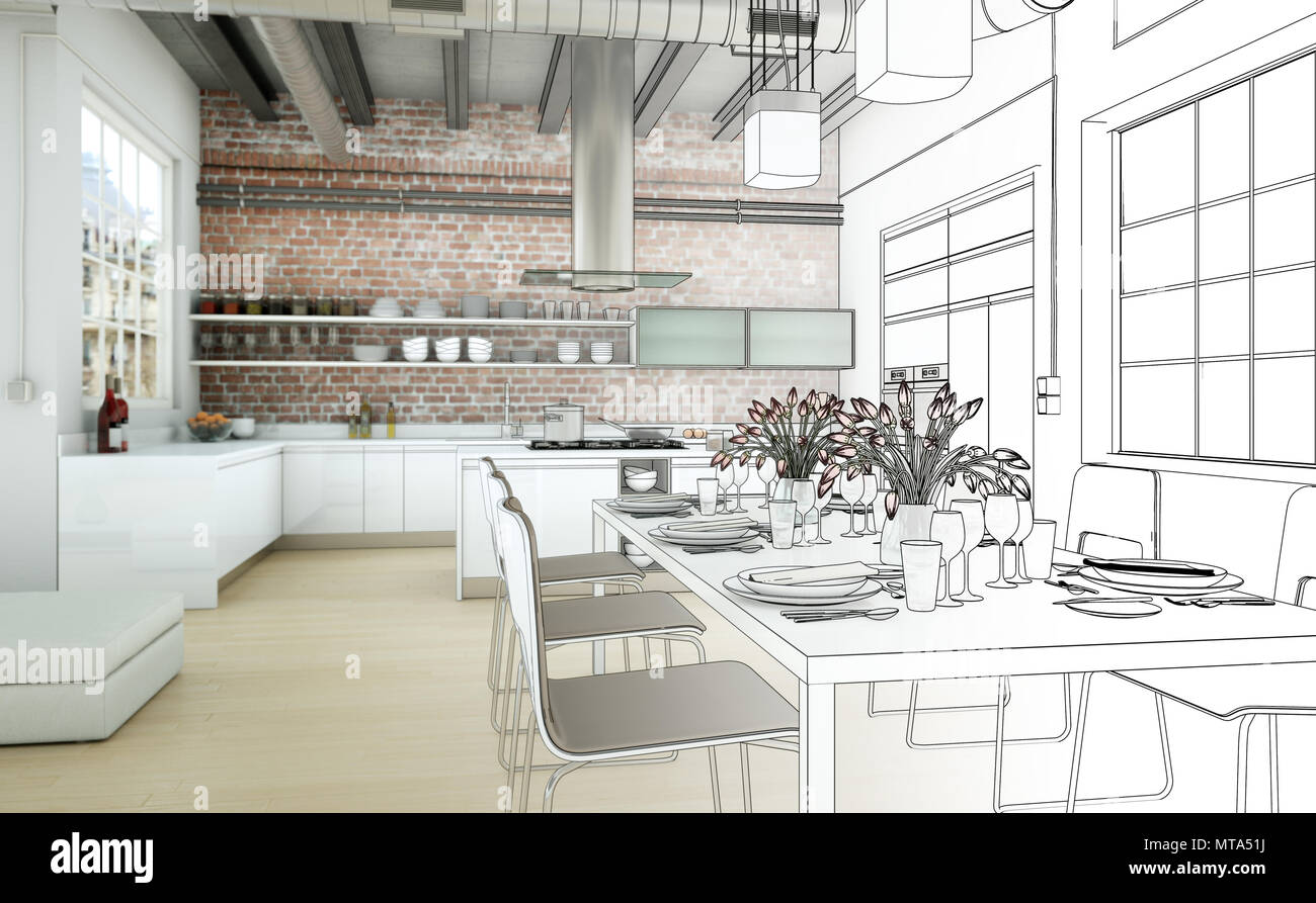 Interior Design Living Room Drawing Gradation Into Photograph Stock ...