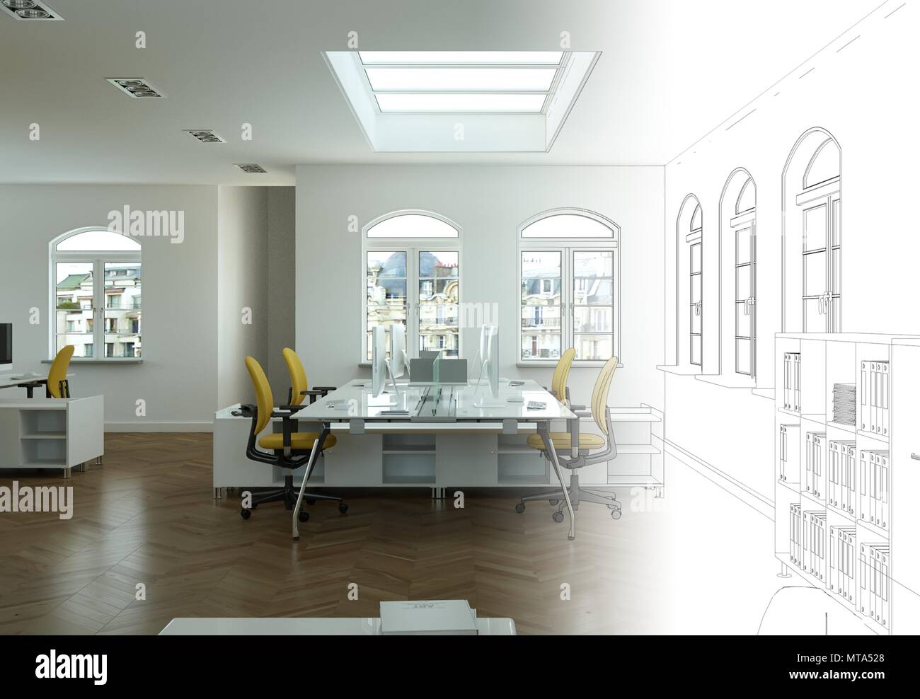 Interior Design Office Drawing Gradation Into Photograph Stock Photo ...