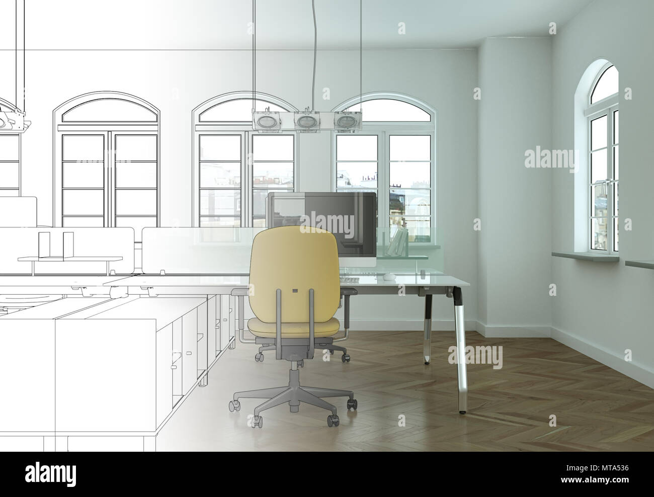 Interior Design Office Drawing Gradation Into Photograph Stock Photo ...