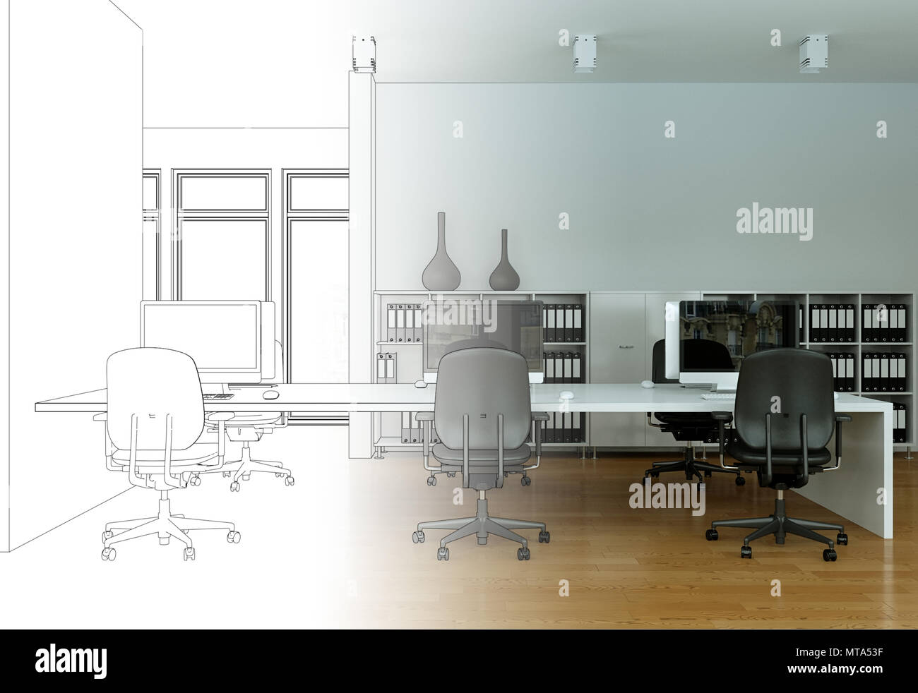 Interior Design Office Drawing Gradation Into Photograph Stock Photo ...