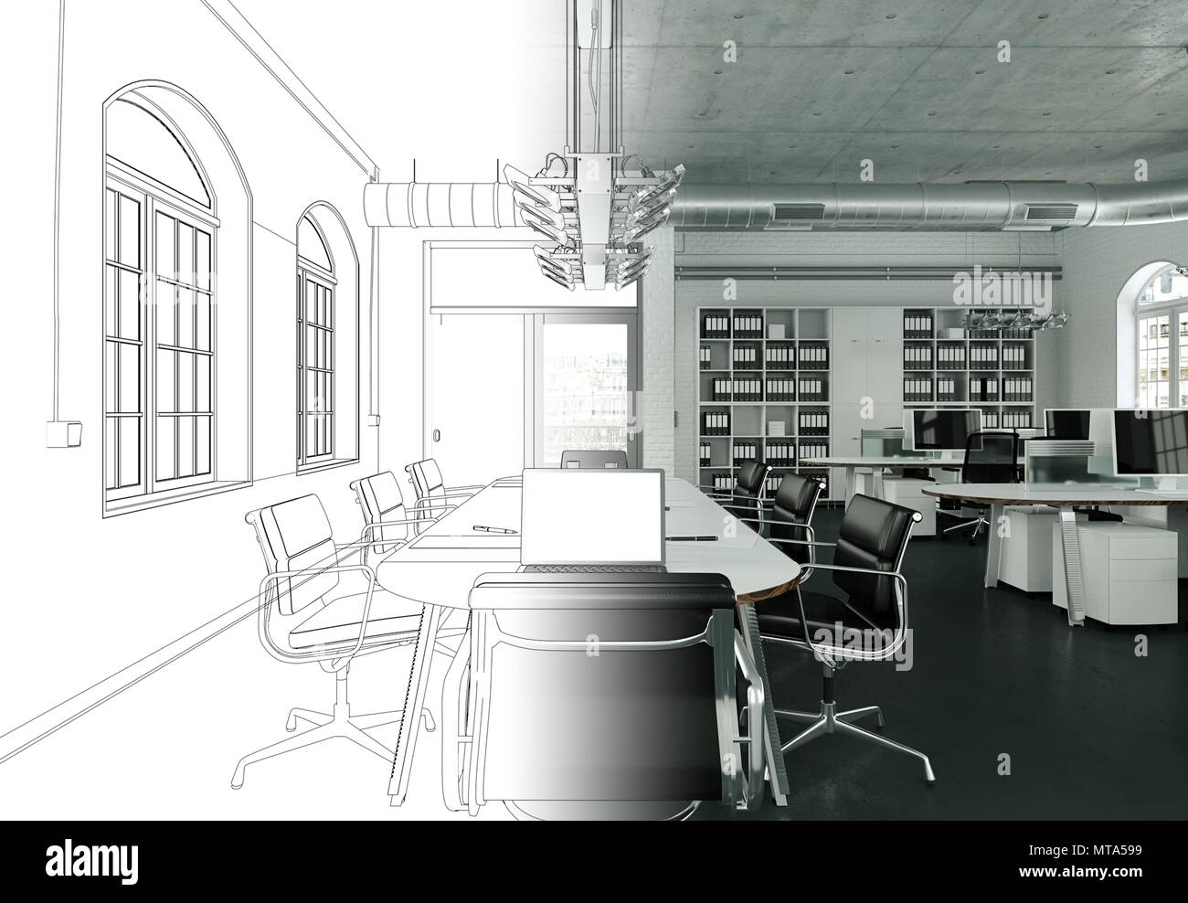 Interior Design Office Drawing Gradation Into Photograph Stock Photo ...