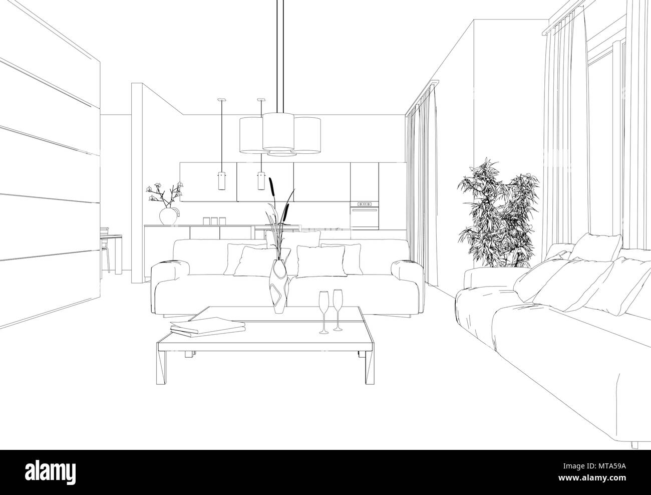 Interior Design Living Room custom Drawing Stock Photo - Alamy