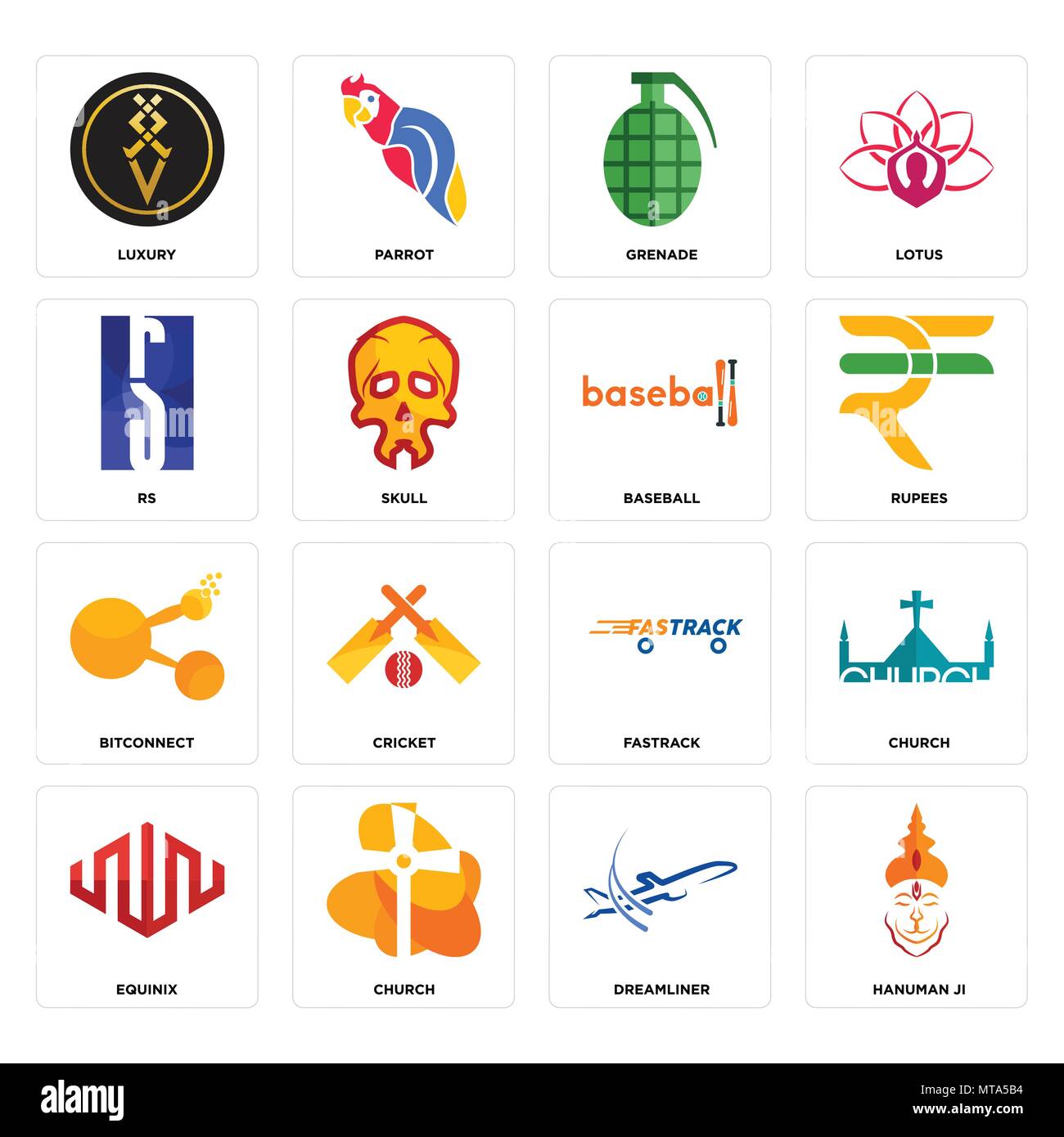 Set Of 16 simple editable icons such as hanuman ji, dreamliner, church, equinix, luxury, rs, bitconnect, baseball can be used for mobile, web UI Stock Vector