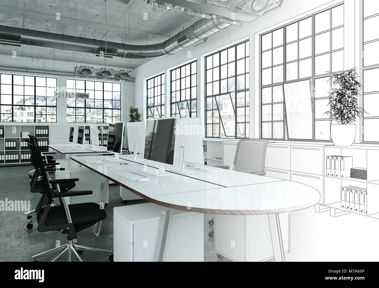 Interior Design Office Drawing Gradation Into Photograph Stock Photo ...
