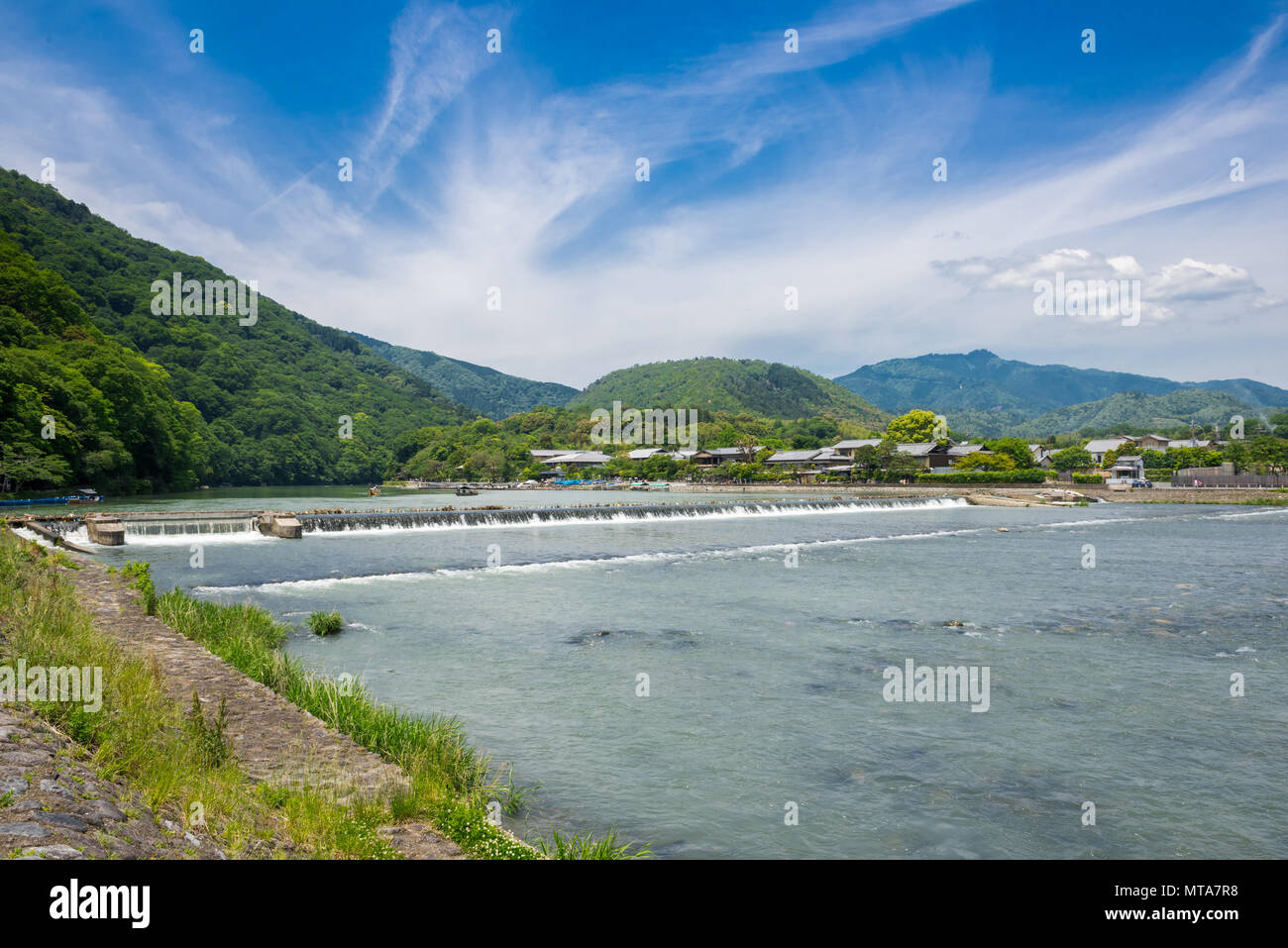 Arashiyama or Mount Arashi, Kyoto, Japan. view from Togetsukyo Bridge. Stock Photo