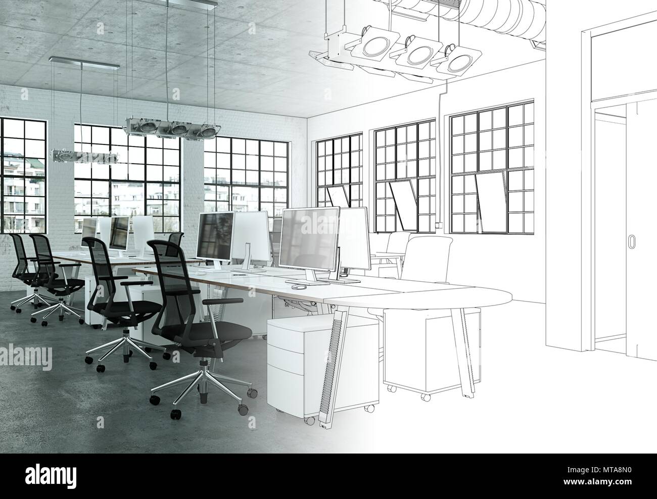 Interior Design Office Drawing Gradation Into Photograph Stock Photo ...