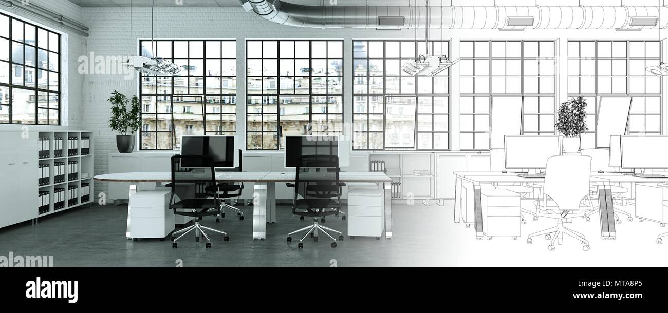 Interior Design Office Drawing Gradation Into Photograph Stock Photo ...