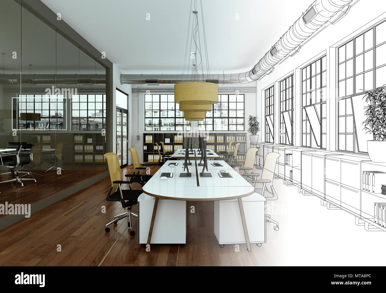 Interior Design Office Drawing Gradation Into Photograph Stock Photo ...