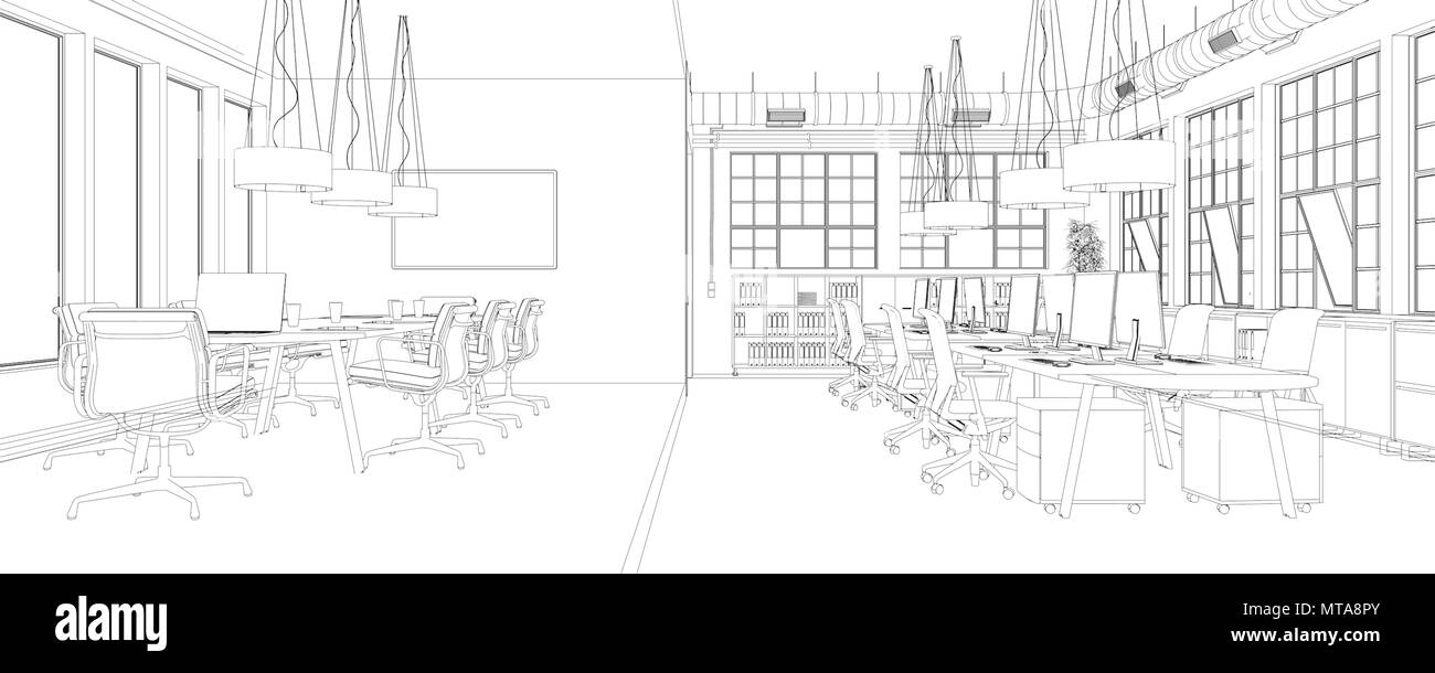 Interior Design big Office Room with desks custom Drawing Stock Photo