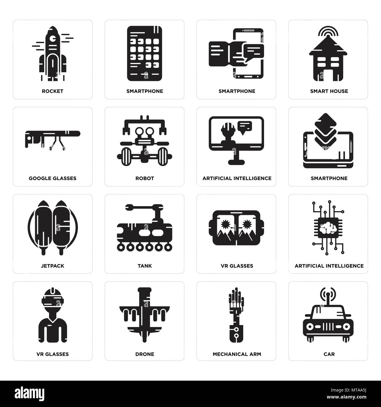 Set Of 16 simple editable icons such as Car, Mechanical arm, Drone, Vr glasses, Artificial intelligence, Rocket, Google Jetpack, intelligence can be u Stock Vector
