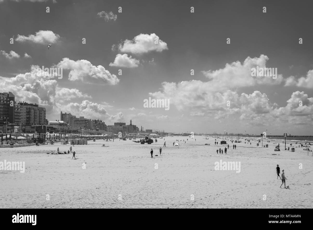 Scheveningen, The Netherlands, August 9, 2017:  Black and white picture of the beach promenade Stock Photo