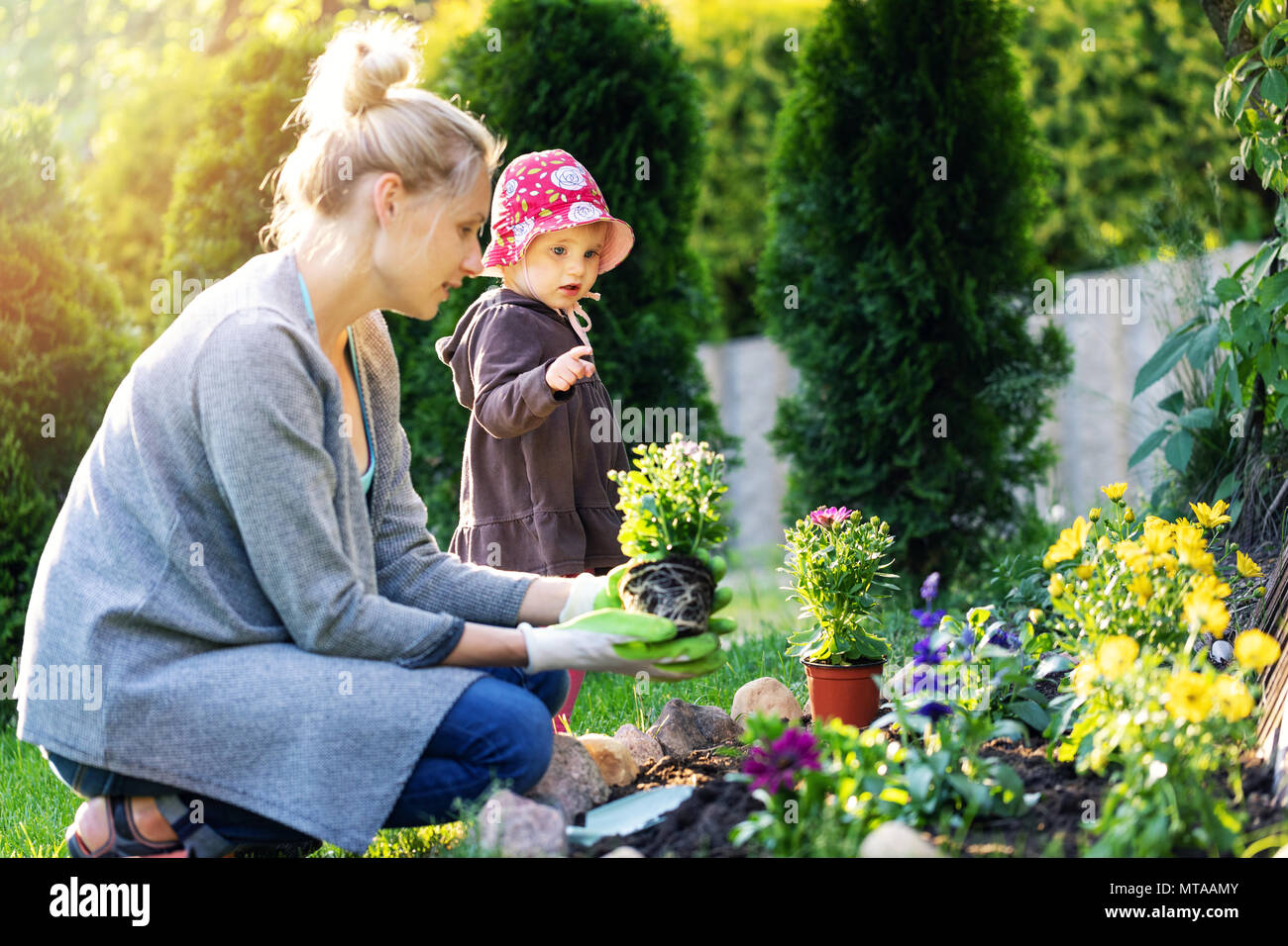 mother and daughter planting flowers together in home garden bed Stock Photo