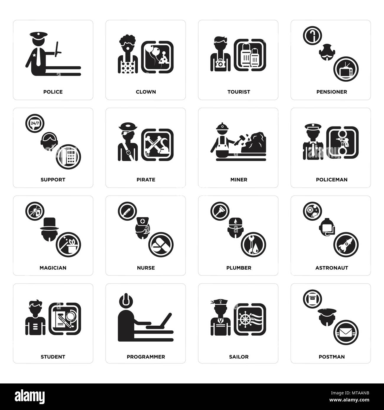 Set Of 16 simple editable icons such as Postman, Sailor, Programmer ...