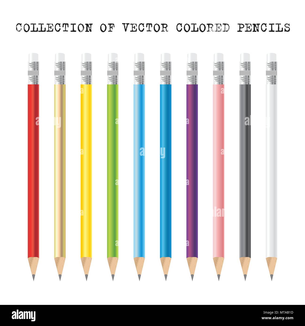 Collection of colored pencils with erasers, vector illustration Stock