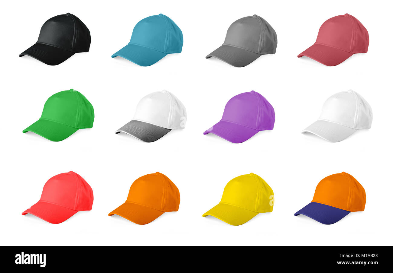 Set of colored baseball caps on a white background Stock Photo - Alamy