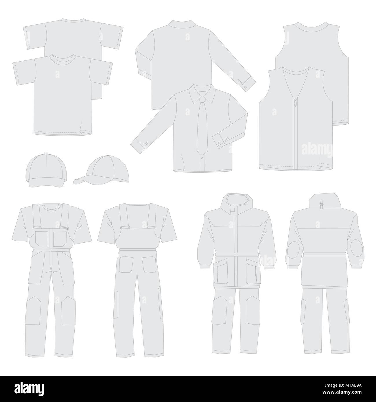 Collection of men work clothes (front, back, views) Stock Vector