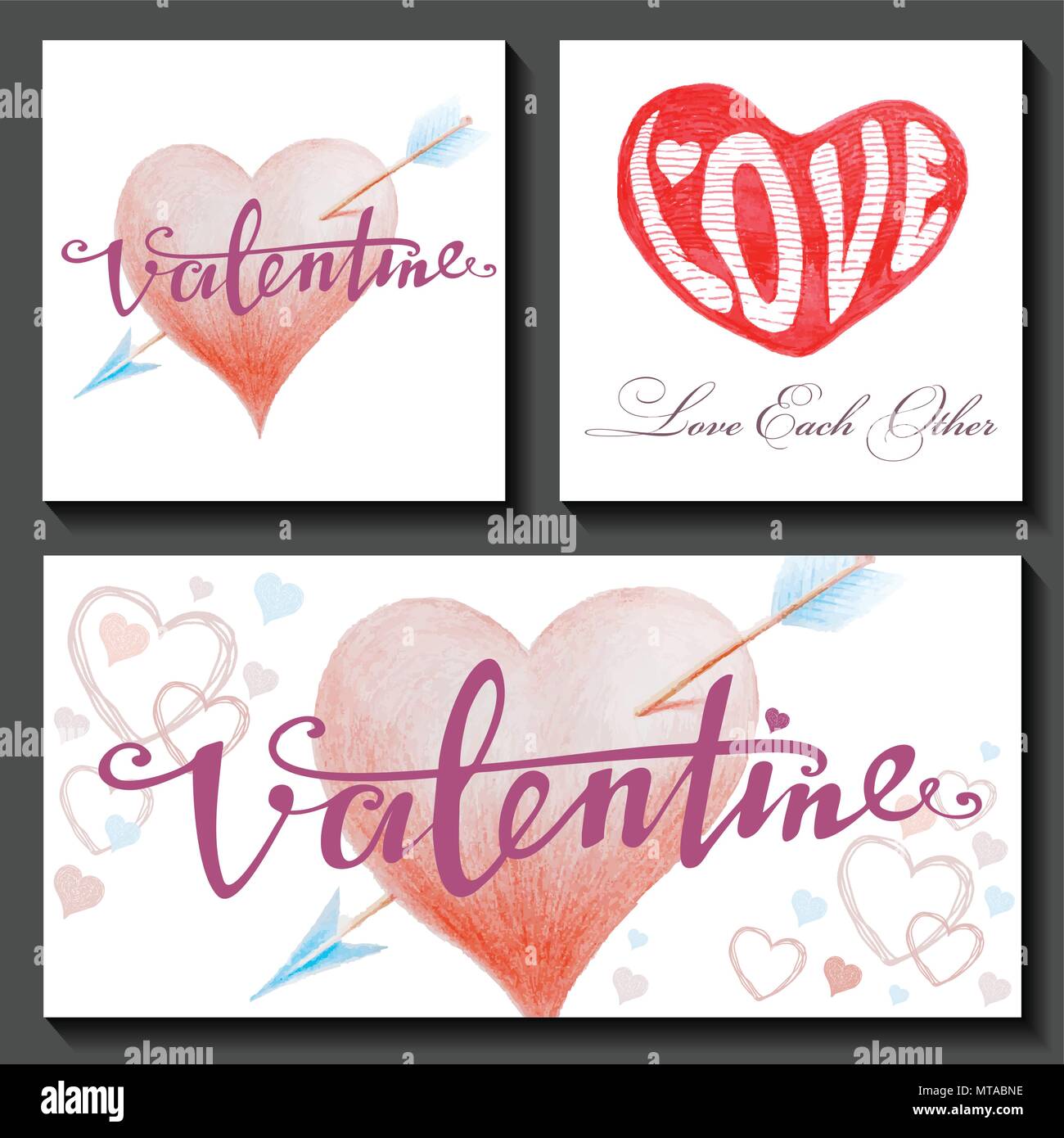Set of Valentine's Day cards with hearts and arrows. For greeting card ...