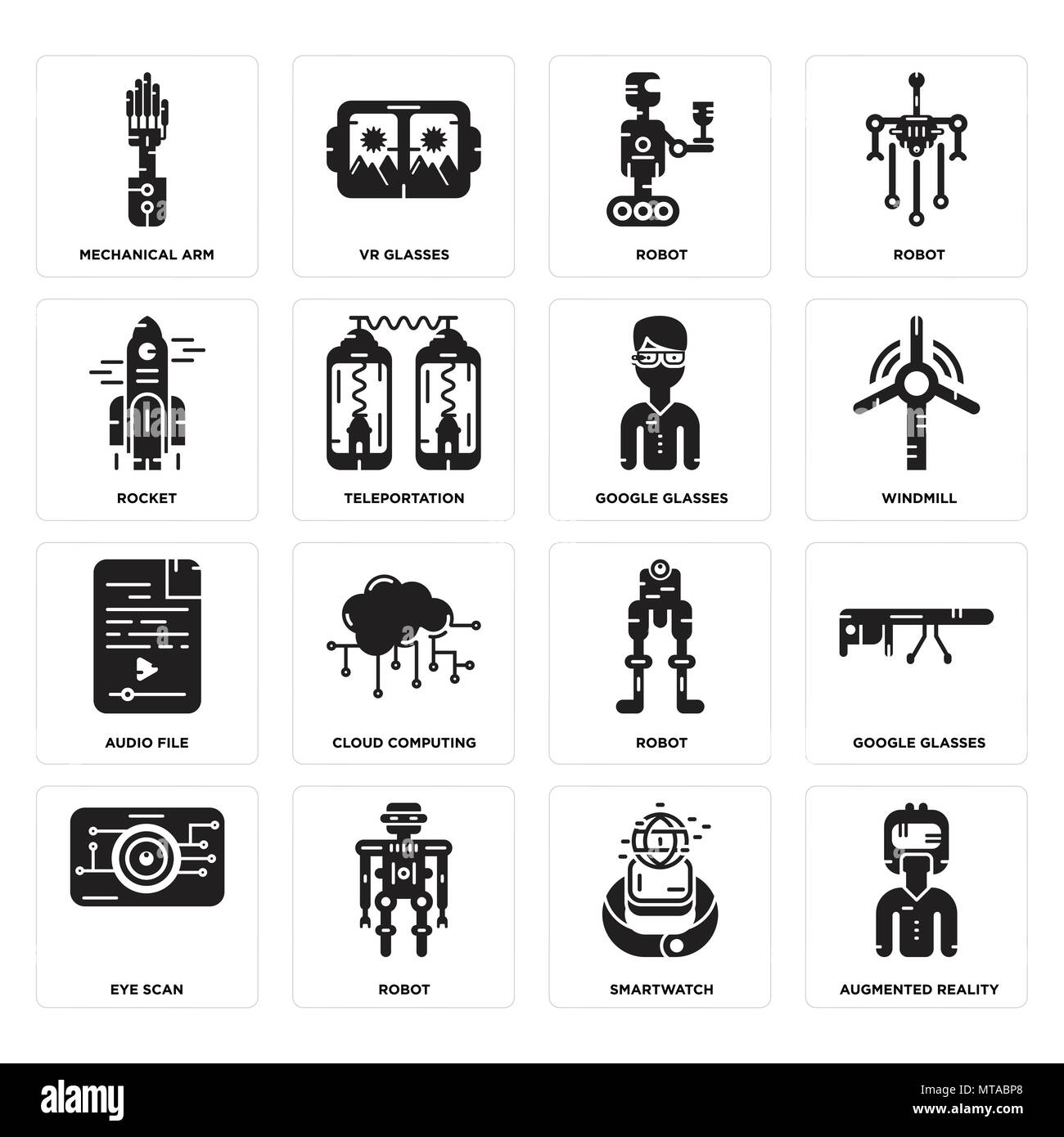 Set Of 16 simple editable icons such as Augmented reality, Smartwatch, Robot, Eye scan, Google glasses, Mechanical arm, Rocket, Audio file, glasses ca Stock Vector