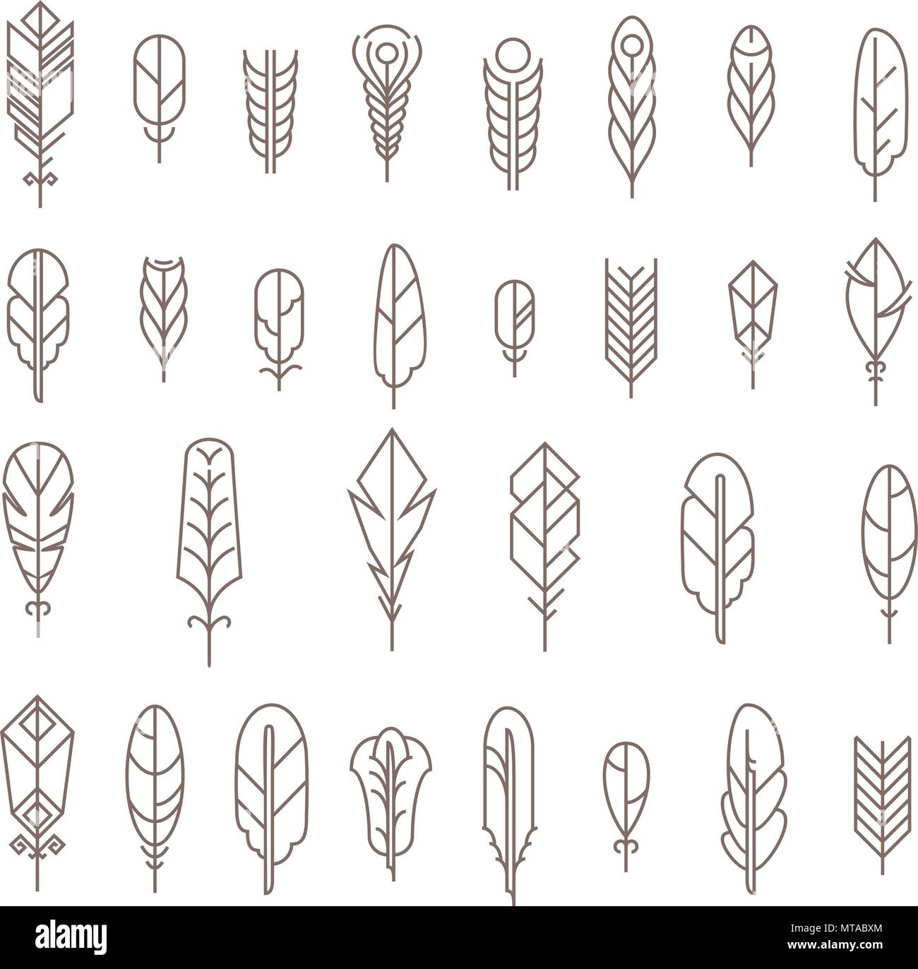 Graphical mono line feathers set. Design elements or linear signs Stock Vector